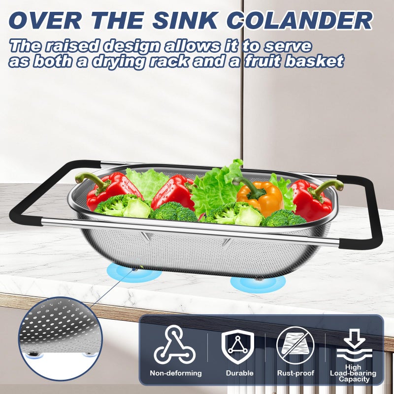 STOCKPOT Over the Sink Colander, Expandable Strainers and Colanders with Fine Mesh, Colander for Kitchen with Rubber Grip for Draining Pasta, Vegetables and Fruits - Essential Kitchen Sink Strainer - Image 2