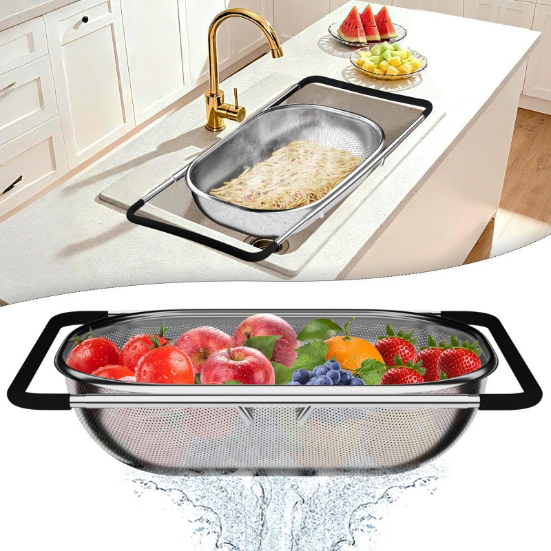 STOCKPOT Over the Sink Colander, Expandable Strainers and Colanders with Fine Mesh, Colander for Kitchen with Rubber Grip for Draining Pasta, Vegetables and Fruits - Essential Kitchen Sink Strainer - Image 1