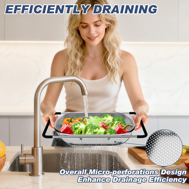 STOCKPOT Over the Sink Colander, Expandable Strainers and Colanders with Fine Mesh, Colander for Kitchen with Rubber Grip for Draining Pasta, Vegetables and Fruits - Essential Kitchen Sink Strainer - Image 5