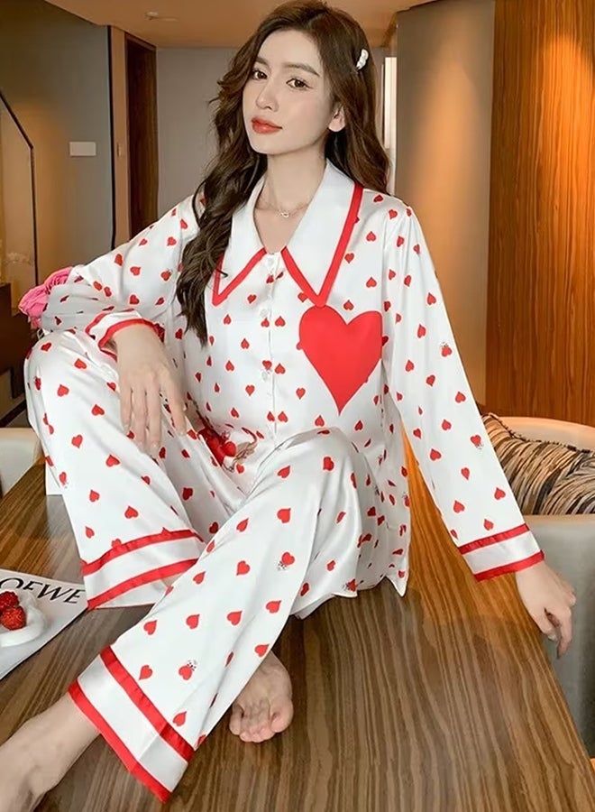 MARGOUN Women Pajamas Sleepwear Suit Homewear Lounge Ice Silk Shirt Pant Two Pieces Long Sleeves Shirt and Pants Heart Print Pajamas Set - Image 2
