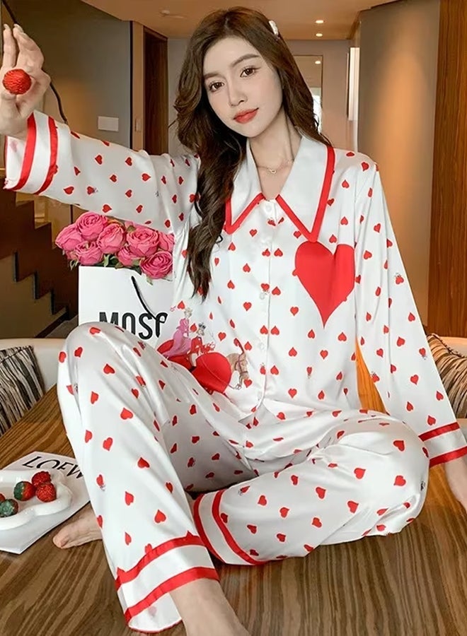 MARGOUN Women Pajamas Sleepwear Suit Homewear Lounge Ice Silk Shirt Pant Two Pieces Long Sleeves Shirt and Pants Heart Print Pajamas Set - Image 3