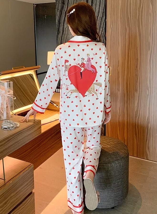MARGOUN Women Pajamas Sleepwear Suit Homewear Lounge Ice Silk Shirt Pant Two Pieces Long Sleeves Shirt and Pants Heart Print Pajamas Set - Image 5