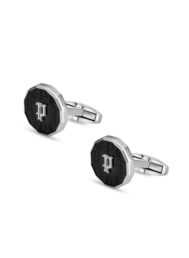 POLICE Plaid Black & Silver Monogram Cufflinks for Men