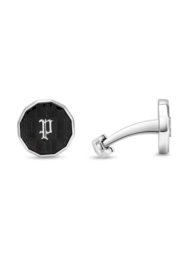 POLICE Plaid Black & Silver Monogram Cufflinks for Men