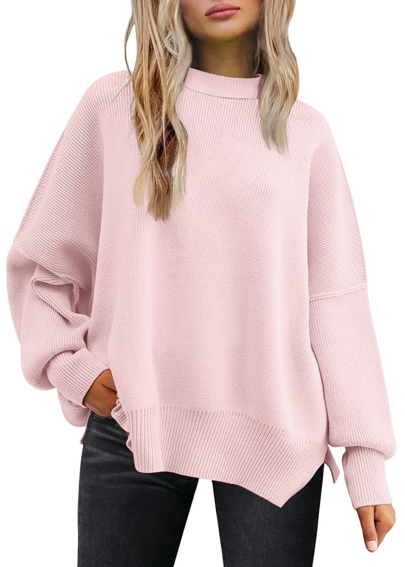 LILLUSORY Oversized Sweaters for Women 2025 Fall Fashion Outfits Trendy Crewneck Knit Cute Lightweight Sweater Pullover Tops Long Sleeve Shirts Winter Clothes Pale Pink S - Image 1