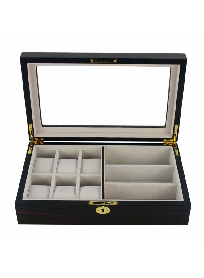 TimelyBuys 6 Piece Watch Case and 3 Piece Eyegl Storage Ebony Wood Combo Jewelry Box Sunglass Gl Display Organizer with Glass Top Father's Day - Image 1