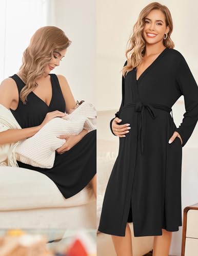 Ekouaer Women's Nursing Nightgown and Robe Set Labor and Delivery Robes Soft Maternity Nightgowns Pregnancy Gowns Black L - Image 4