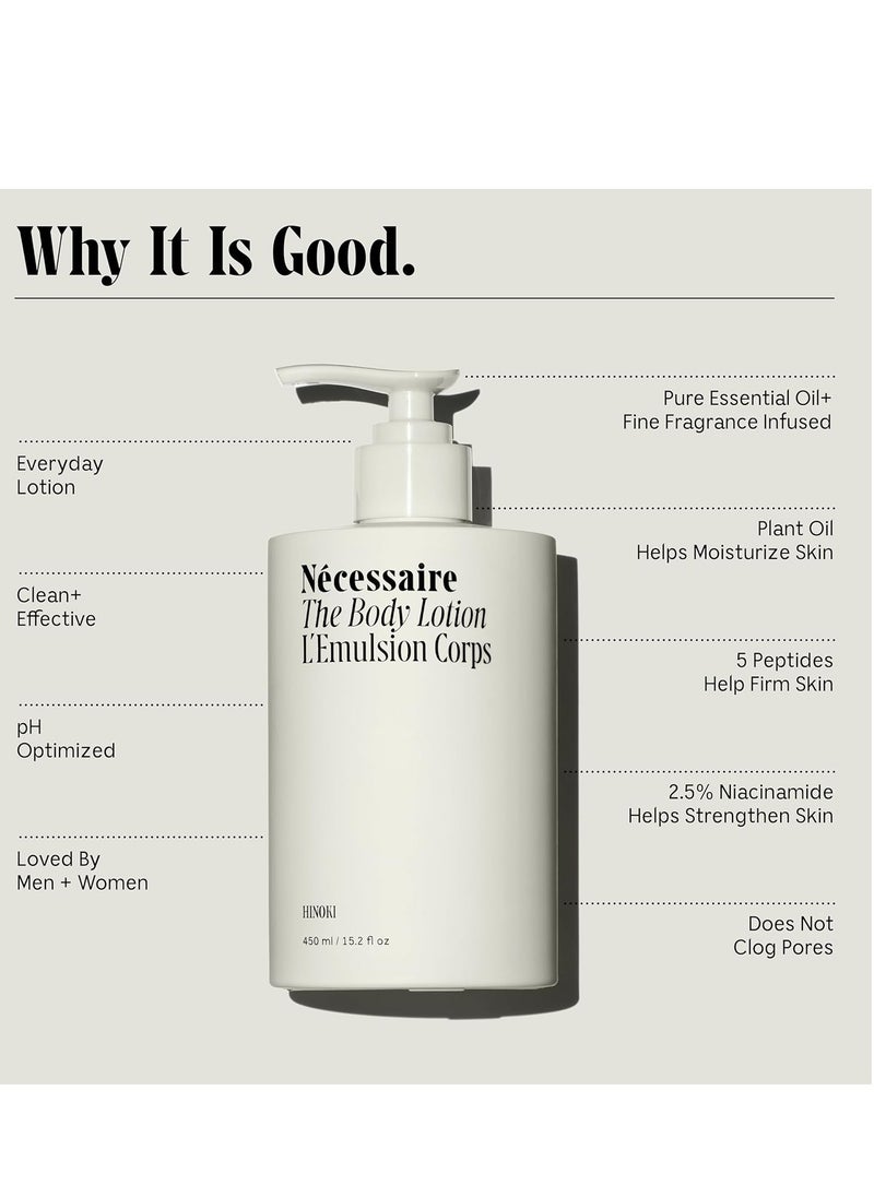 Necessaire Nécessaire The Body Lotion with Pump. Hinoki. Multi-Peptide Firming Lotion to Moisturize, Firm, Strengthen. 2.5% Niacinamide, Vitamin C/E + Omega 6/9. 450ml / 15.2 fl oz  - Image 2