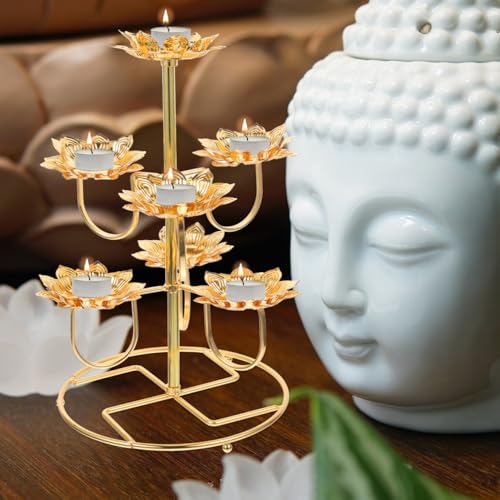 Healifty 7Light Lotus Tealight Candle Holder Gold Metal Candlestick Stand for Table Centerpiece Buddhist Altar Supplies and Diwali Lamp Decor for Dining Room - Image 3