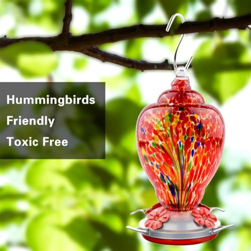 WOSIBO Hummingbird Feeder for Outdoors Patio Large 32 Ounces Colorful Hand Blown Glass Hummingbird Feeder with Ant Moat Hanging Hook, Rope, Brush and Service Card (RED-Firework) - Image 3