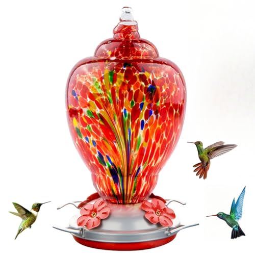 WOSIBO Hummingbird Feeder for Outdoors Patio Large 32 Ounces Colorful Hand Blown Glass Hummingbird Feeder with Ant Moat Hanging Hook, Rope, Brush and Service Card (RED-Firework) - Image 1