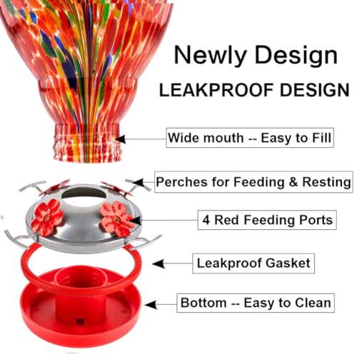 WOSIBO Hummingbird Feeder for Outdoors Patio Large 32 Ounces Colorful Hand Blown Glass Hummingbird Feeder with Ant Moat Hanging Hook, Rope, Brush and Service Card (RED-Firework) - Image 4