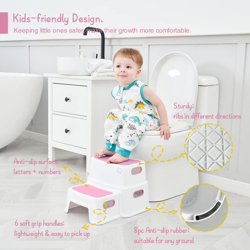 Forbena Pink Toddler Step Stool for Toilet, Two Step Stool for Kids Bathroom with Handle for Potty Training, Non-Slip Girls Small Heavy Duty Plastic Stool for Sink Bed Kitchen Counter (White-Pink) - Image 3
