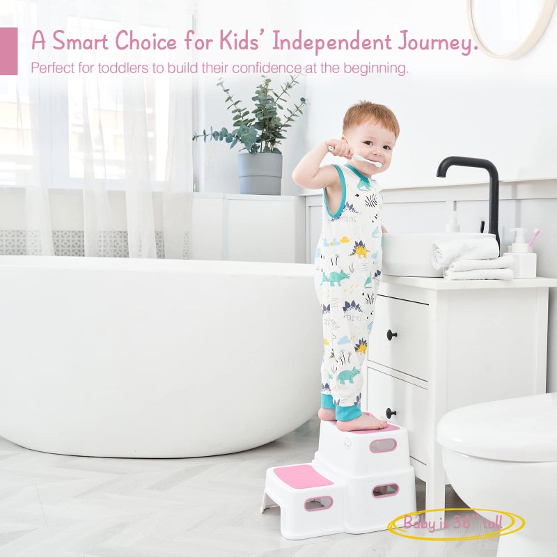 Forbena Pink Toddler Step Stool for Toilet, Two Step Stool for Kids Bathroom with Handle for Potty Training, Non-Slip Girls Small Heavy Duty Plastic Stool for Sink Bed Kitchen Counter (White-Pink) - Image 2