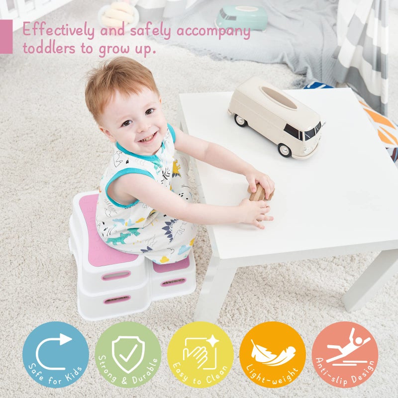 Forbena Pink Toddler Step Stool for Toilet, Two Step Stool for Kids Bathroom with Handle for Potty Training, Non-Slip Girls Small Heavy Duty Plastic Stool for Sink Bed Kitchen Counter (White-Pink) - Image 4