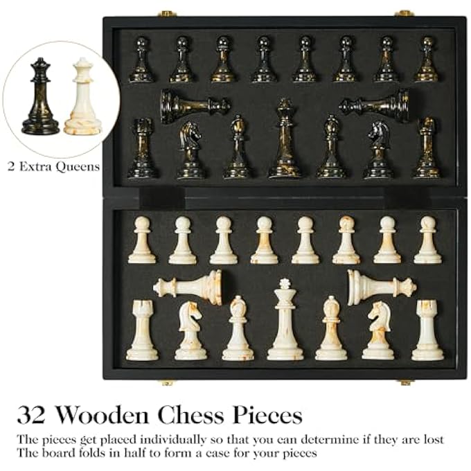 OUMODA 15 Large Chess Set for Adults Weighted Acrylic Pieces Including Extra 2 Queens 35 King wLeather Base Portable Folding Marbling Wooden Chess Board  TravelFamily Game  Elegant Gift - Image 5