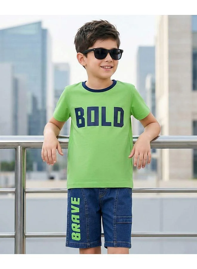 Ollington St. Ollington St. Cotton Knit Half Sleeves Text Graphic T-Shirt & Denim Stretchable Shorts Set - Green & Blue