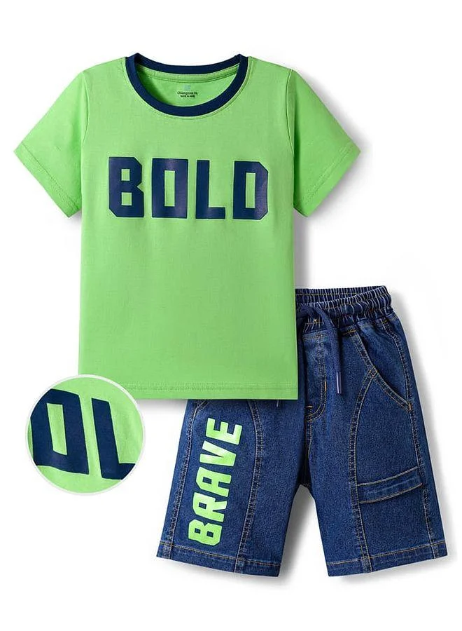 Ollington St. Ollington St. Cotton Knit Half Sleeves Text Graphic T-Shirt & Denim Stretchable Shorts Set - Green & Blue