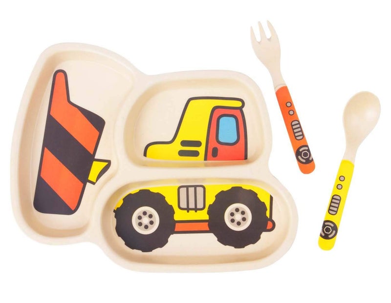 Lightening Kid Plate Set Bamboo Toddler Plates Dinnerware Dinner Dish Set Baby Feeding Spill Proof Divided Plate - Baby Spoon and fork 3-Piece Set for Kids and Toddlers Teaches Child Portion Control - Image 1