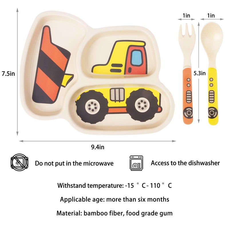 Lightening Kid Plate Set Bamboo Toddler Plates Dinnerware Dinner Dish Set Baby Feeding Spill Proof Divided Plate - Baby Spoon and fork 3-Piece Set for Kids and Toddlers Teaches Child Portion Control - Image 3