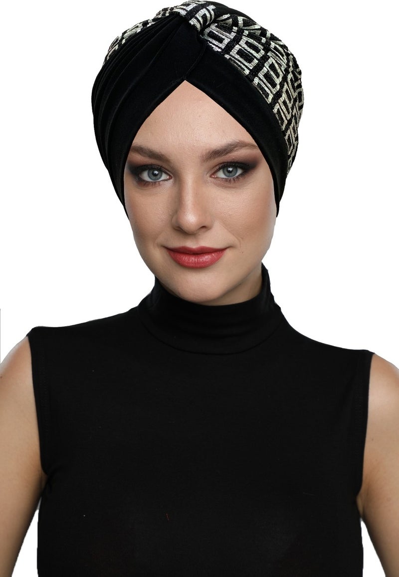 Fidan Bone Special Design Black On Silver Check Pattern Lined Ready-made Hijab Hijab Evening Dress Bonnet - Image 1