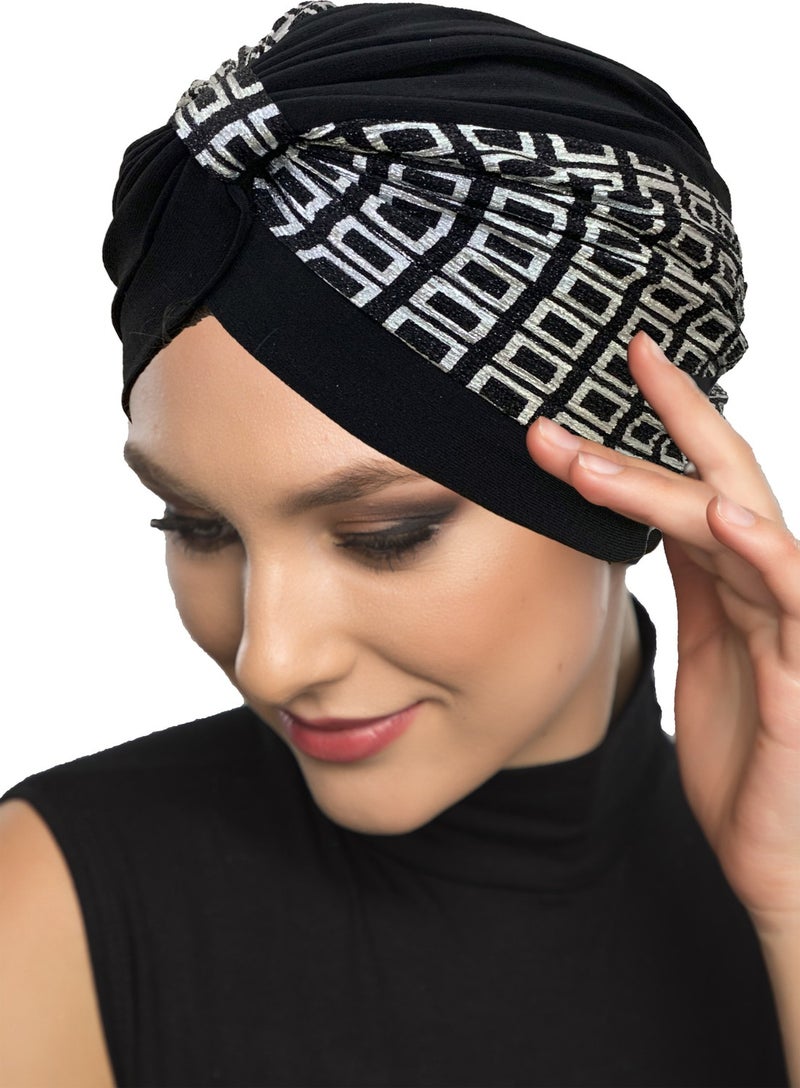 Fidan Bone Special Design Black On Silver Check Pattern Lined Ready-made Hijab Hijab Evening Dress Bonnet - Image 3