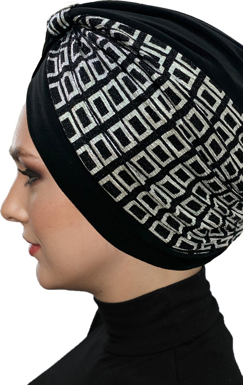 Fidan Bone Special Design Black On Silver Check Pattern Lined Ready-made Hijab Hijab Evening Dress Bonnet - Image 4