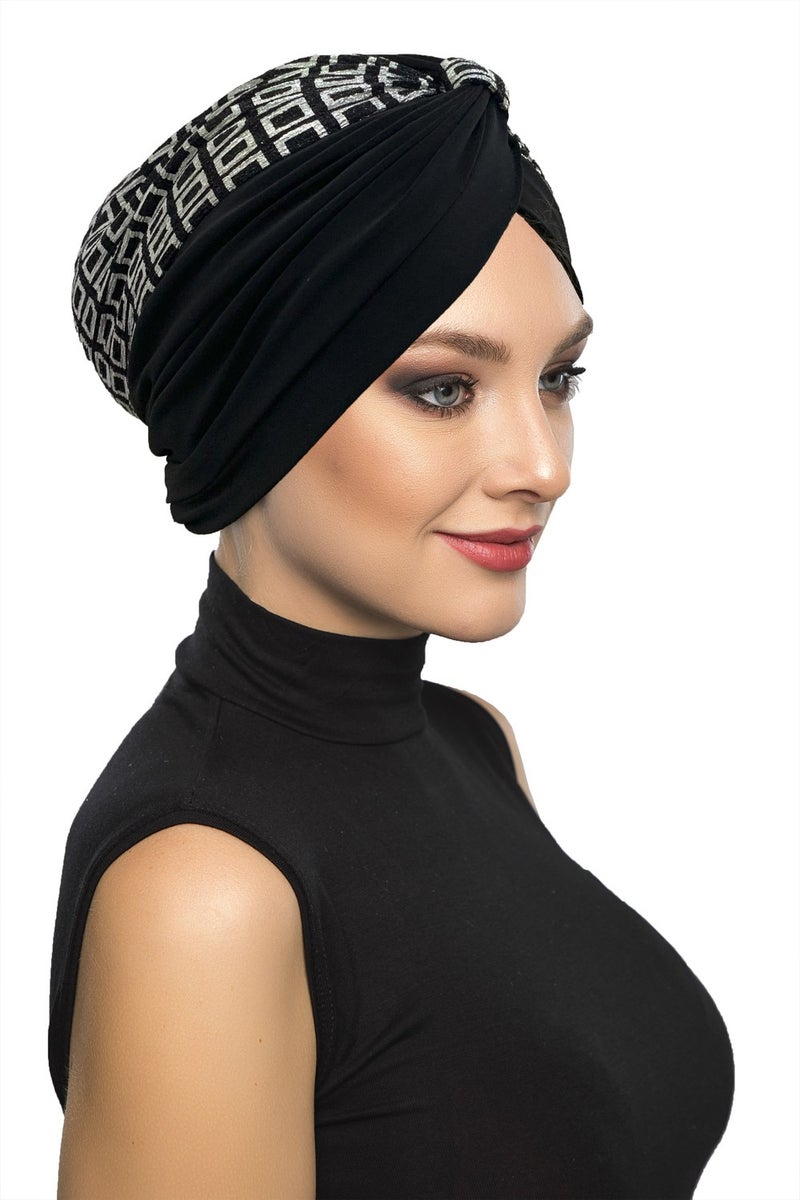 Fidan Bone Special Design Black On Silver Check Pattern Lined Ready-made Hijab Hijab Evening Dress Bonnet - Image 2