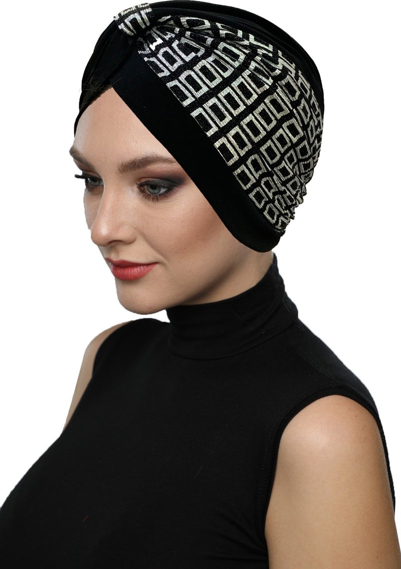 Fidan Bone Special Design Black On Silver Check Pattern Lined Ready-made Hijab Hijab Evening Dress Bonnet - Image 5