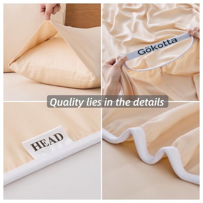 GOKOTTA 4-Pcs King Size Sheets Set, 100% Rayon Derived from Bamboo, 16 Inch Deep Pocket King Sheets with Elastic Corner Straps, Cooling Sheets for Hot Sleepers - Silky Soft & Breathable - Creamy Peach - Image 5