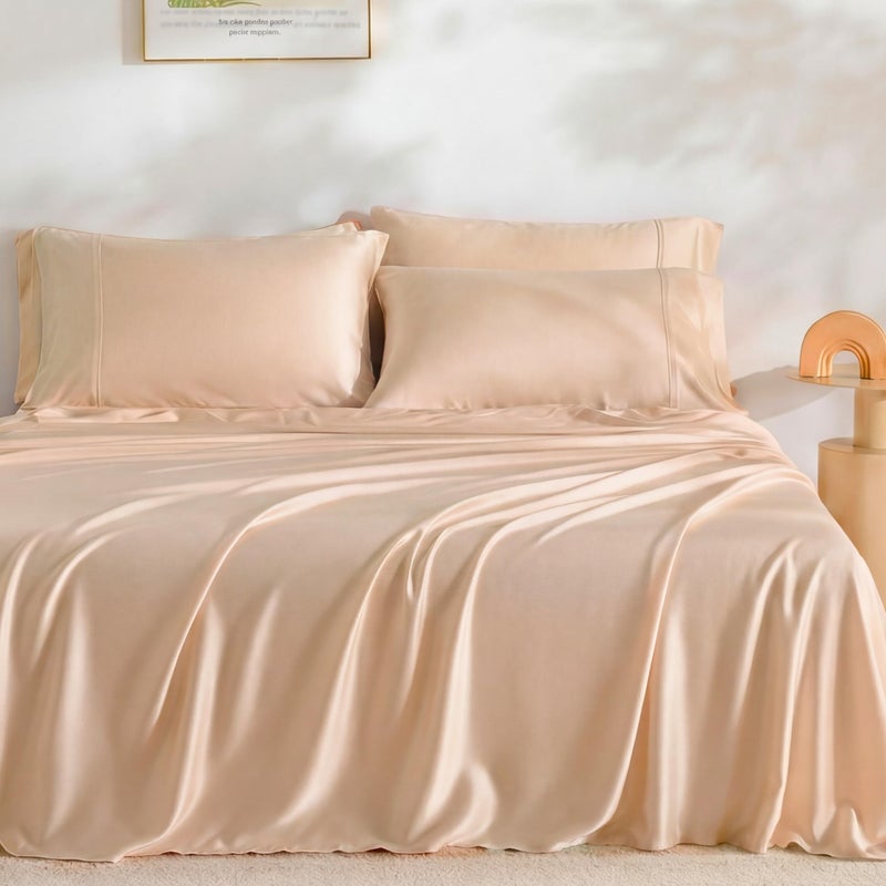 GOKOTTA 4-Pcs King Size Sheets Set, 100% Rayon Derived from Bamboo, 16 Inch Deep Pocket King Sheets with Elastic Corner Straps, Cooling Sheets for Hot Sleepers - Silky Soft & Breathable - Creamy Peach - Image 1