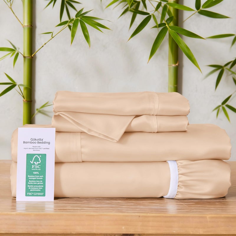 GOKOTTA 4-Pcs King Size Sheets Set, 100% Rayon Derived from Bamboo, 16 Inch Deep Pocket King Sheets with Elastic Corner Straps, Cooling Sheets for Hot Sleepers - Silky Soft & Breathable - Creamy Peach - Image 2