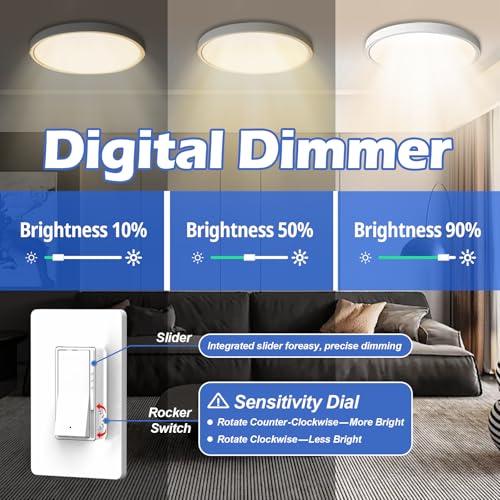 ThunderWay Digital Dimmer Light Switch, Single Pole/3-Way LED Slide Dimmer, for 300W Dimmable LED/CFL Lights and 700W Incandescent/Halogen, Wall Plate Included, 5 Pack, Matte White - Image 3