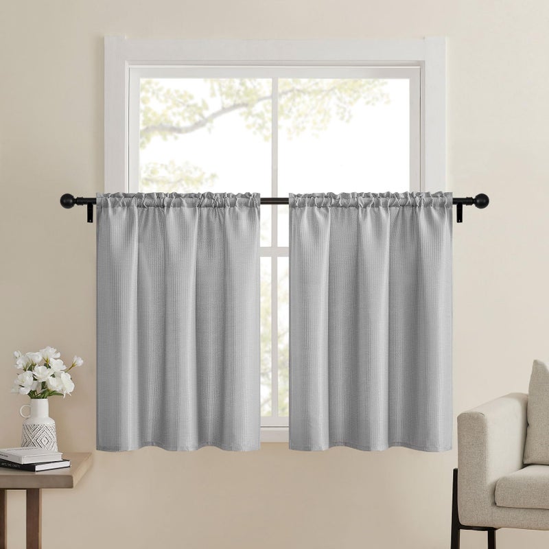 Home Queen Grey Waffle Bathroom Window Curtains  Short Water Repellent Rod Pocket for Small Kitchen Window  24 W X 45 L Inch Each - Image 1