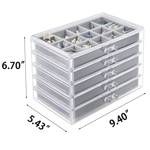 Watpot Acrylic Jewelry Box with 5 Drawers, Clear Earring Storage Organizer Display Case for Women Girls, Gray - Image 5