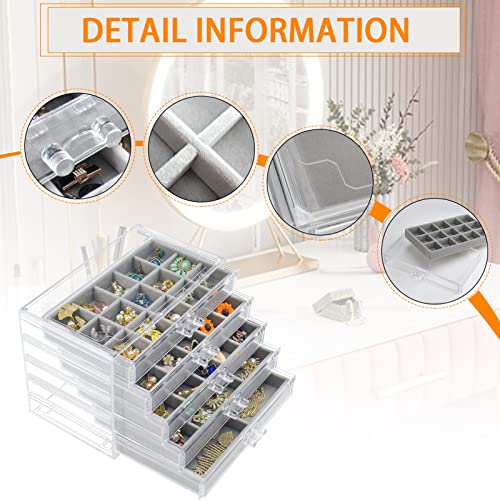 Watpot Acrylic Jewelry Box with 5 Drawers, Clear Earring Storage Organizer Display Case for Women Girls, Gray - Image 2