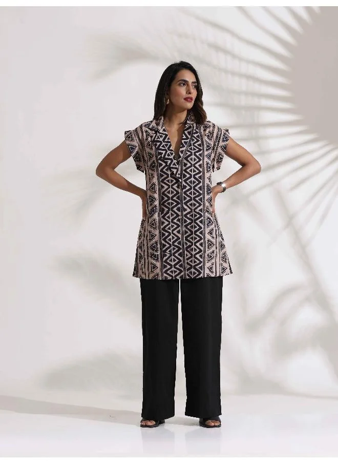 ترو برونز trueBrowns Beige Cotton Geometric Print  Jacket Co-ord Set