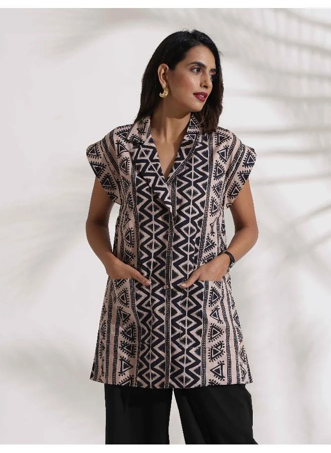ترو برونز trueBrowns Beige Cotton Geometric Print  Jacket Co-ord Set