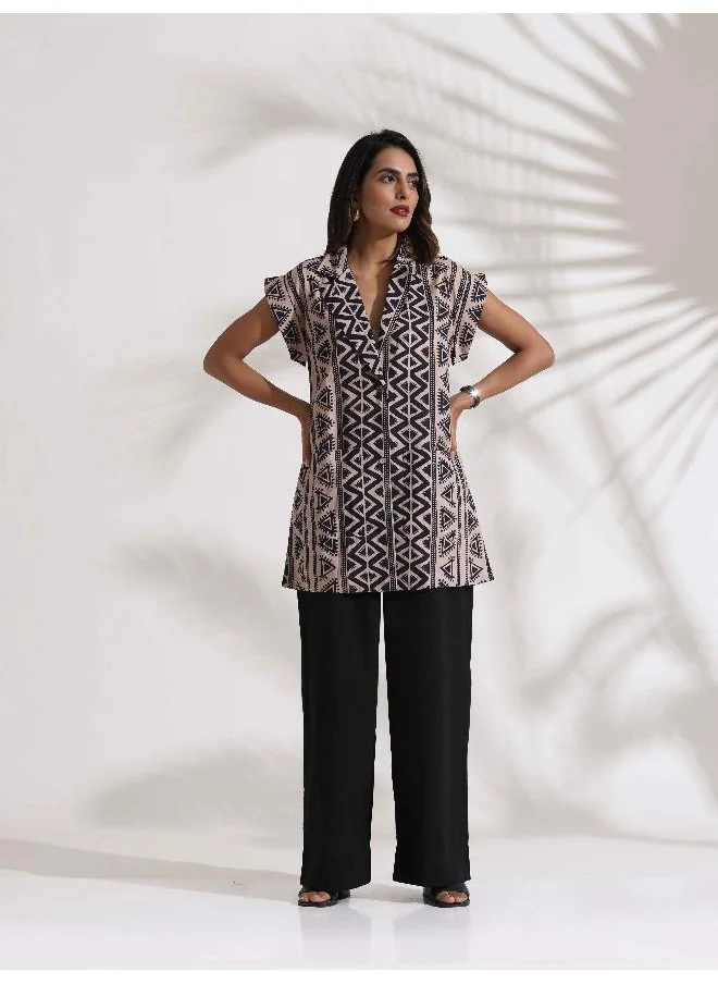 ترو برونز trueBrowns Beige Cotton Geometric Print  Jacket Co-ord Set