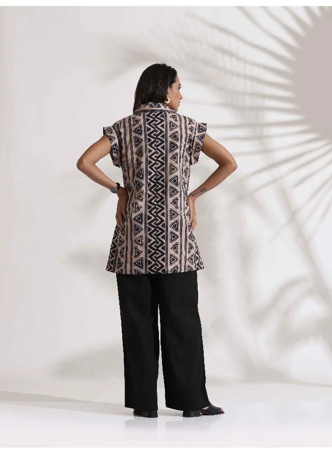 trueBrowns trueBrowns Beige Cotton Geometric Print  Jacket Co-ord Set
