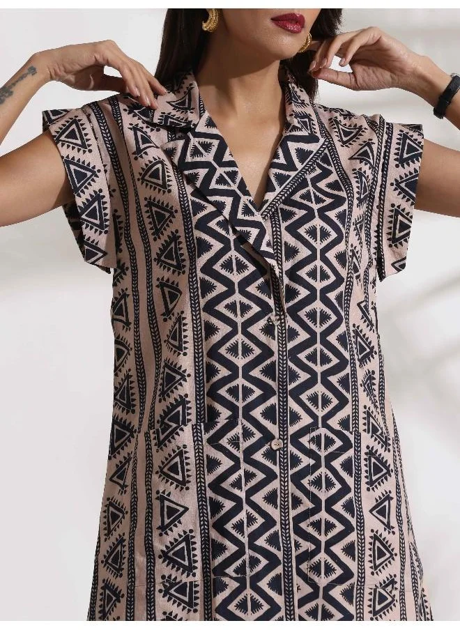 trueBrowns trueBrowns Beige Cotton Geometric Print  Jacket Co-ord Set