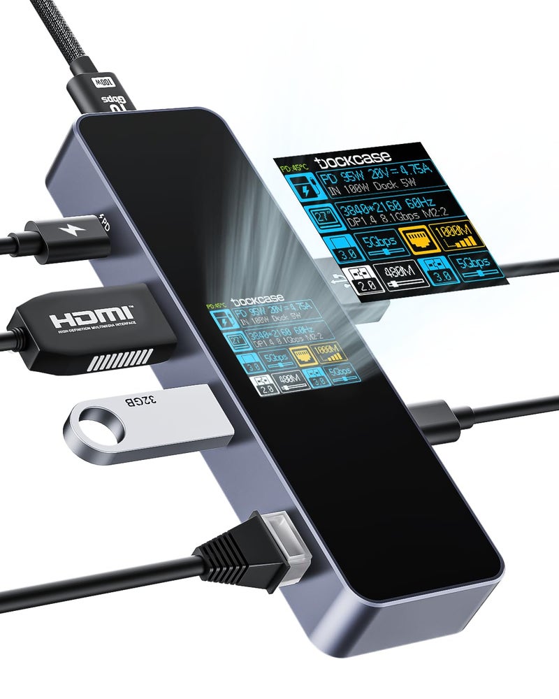 DOCKCASE Visual Smart USB C Hub (6-in-1) with HDMI Port 4K@60Hz, Gigabit Ethernet, USB-C and 2 USB-A 5Gbps Data Ports, 100w PD Power Delivery, for MacBook Air, MacBook Pro, XPS, and More - Image 1
