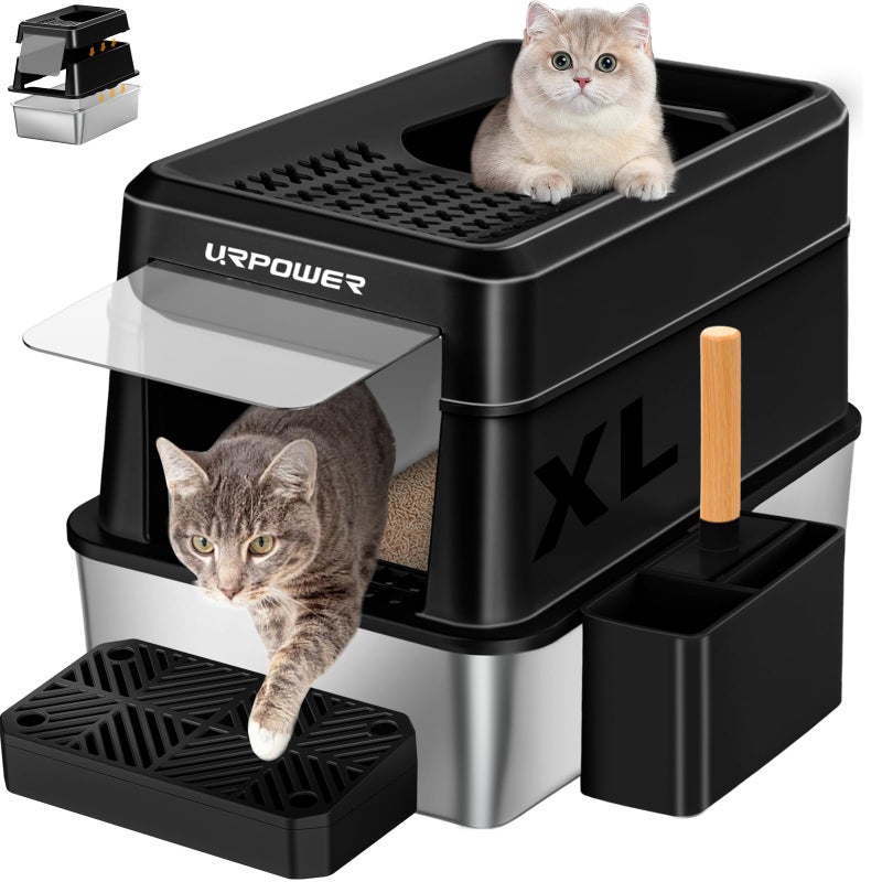 URPOWER Stainless Steel Cat Litter Box with Lid Extra Large Enclosed Litter Box for Cats Non-Sticky Metal Pan with High Sided Enclosure & Scoop, Front & Top Entry, Anti-Leakage, Easy Cleaning - Image 1