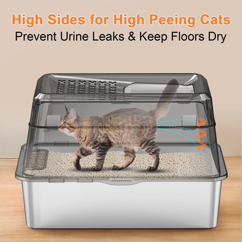 URPOWER Stainless Steel Cat Litter Box with Lid Extra Large Enclosed Litter Box for Cats Non-Sticky Metal Pan with High Sided Enclosure & Scoop, Front & Top Entry, Anti-Leakage, Easy Cleaning - Image 2