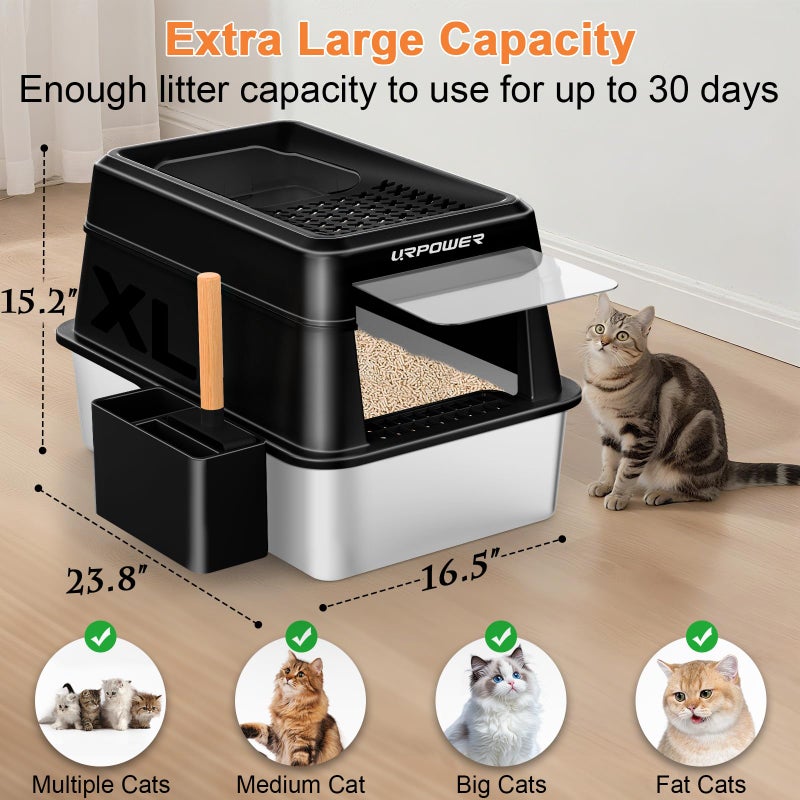 URPOWER Stainless Steel Cat Litter Box with Lid Extra Large Enclosed Litter Box for Cats Non-Sticky Metal Pan with High Sided Enclosure & Scoop, Front & Top Entry, Anti-Leakage, Easy Cleaning - Image 3