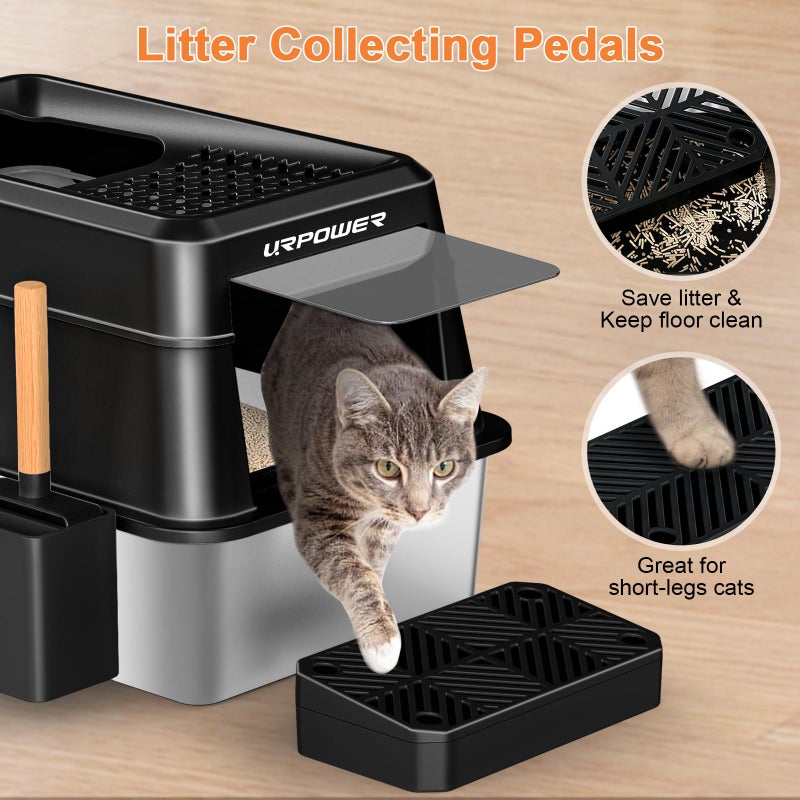 URPOWER Stainless Steel Cat Litter Box with Lid Extra Large Enclosed Litter Box for Cats Non-Sticky Metal Pan with High Sided Enclosure & Scoop, Front & Top Entry, Anti-Leakage, Easy Cleaning - Image 5