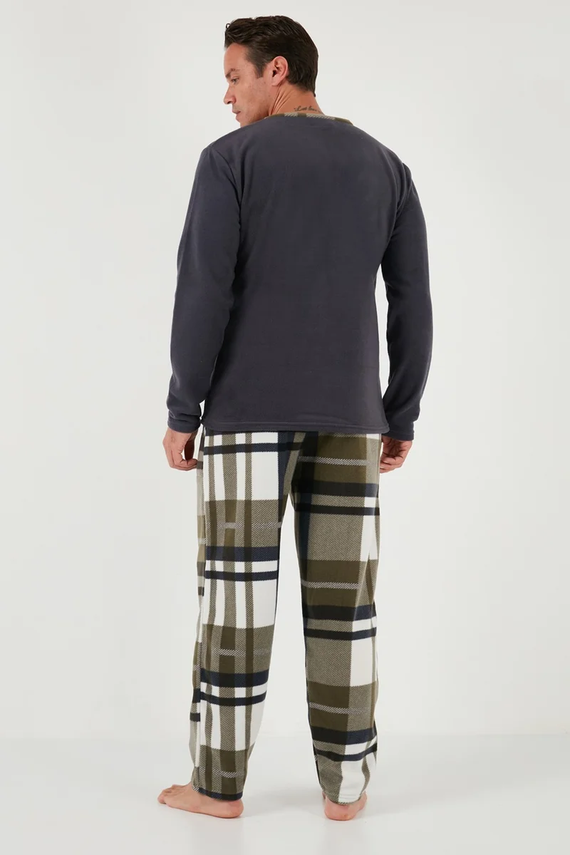 Buratti Plaid Regular Fit Buttoned Crew Neck Winter Fleece Pajama Set Men's Pajama Set 60961008