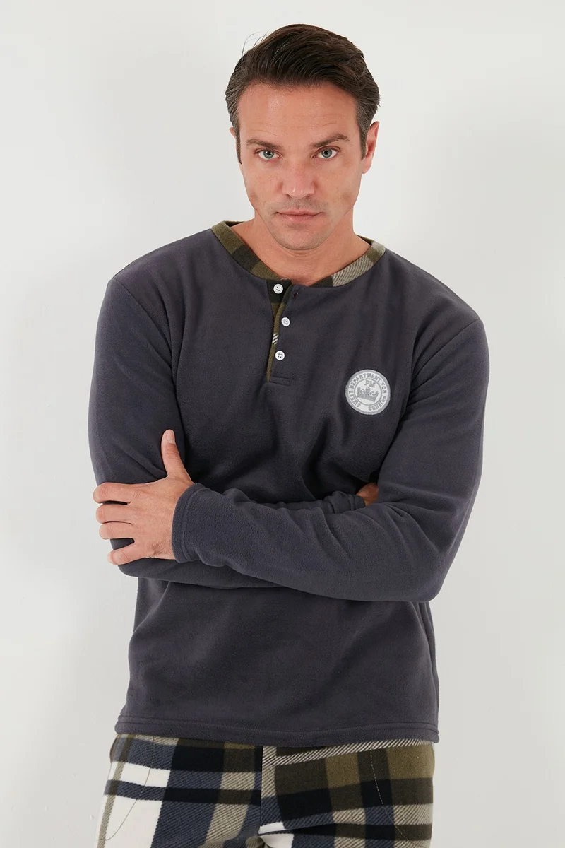 Buratti Plaid Regular Fit Buttoned Crew Neck Winter Fleece Pajama Set Men's Pajama Set 60961008