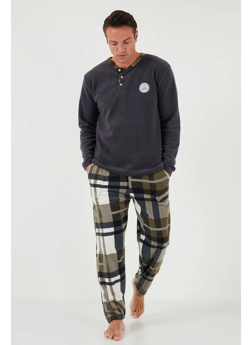 Buratti Plaid Regular Fit Buttoned Crew Neck Winter Fleece Pajama Set Men's Pajama Set 60961008