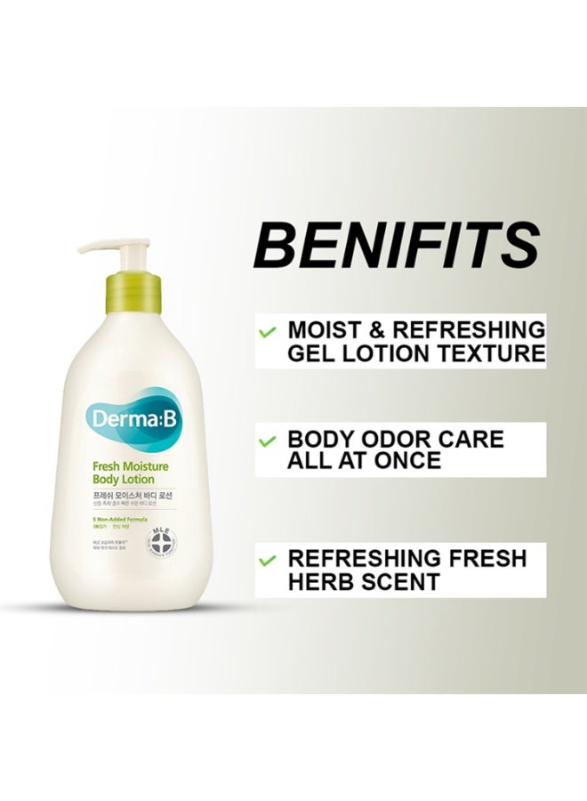 ديرما بي Derma B Fresh Moisture Body Lotion, Intensive Skin Moisturizing, Fast-Absorbing Long-Lasting Scented Body Care, Natural Deodorant Cream, Korean Skincare with Hyaluronic Acid 13.5 Fl Oz, 400ml, Kbeauty - Image 2
